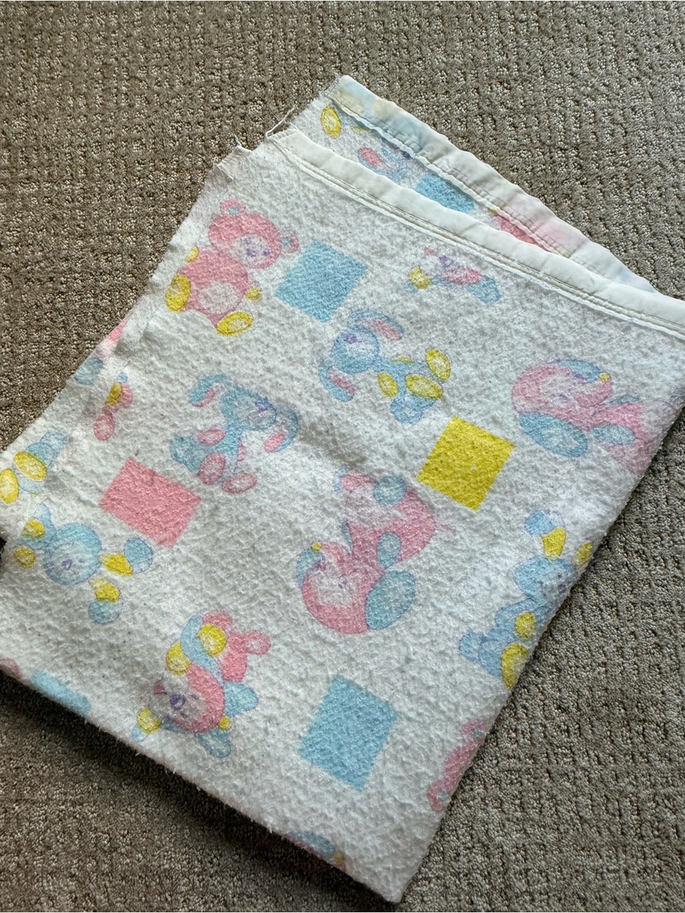Vintage Baby Receiving Blanket Teddy Bear Bunny Pastel Pink Blue Security